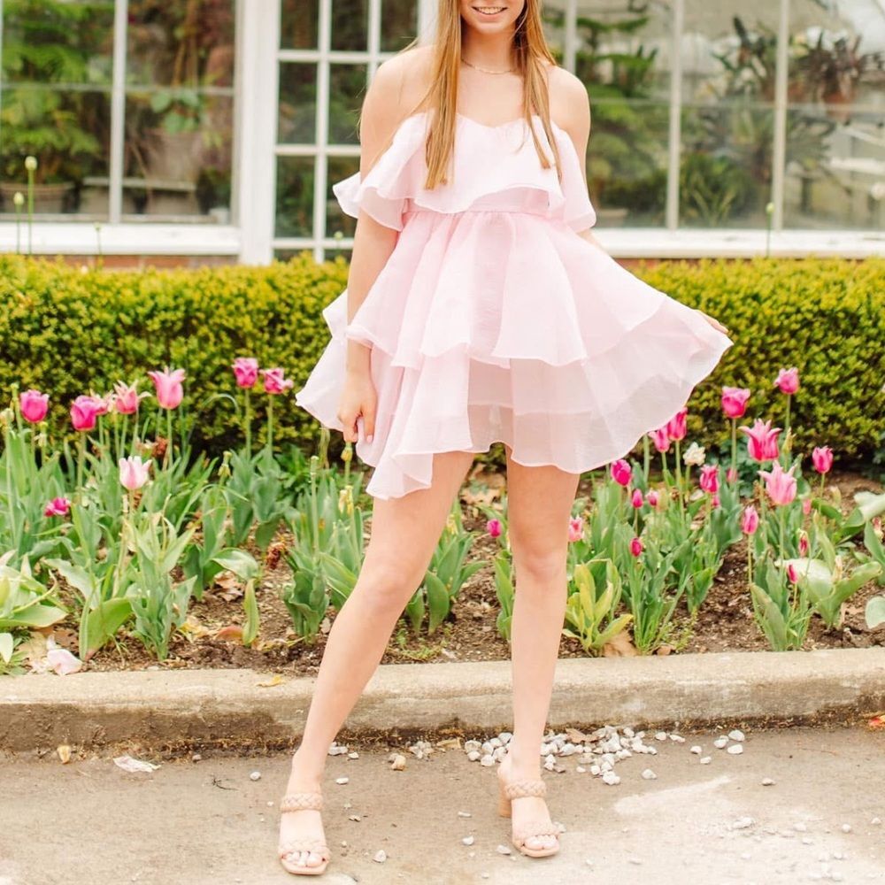 Khan Pink Strapless Tiered Organza Babydoll Mini Dress Medium